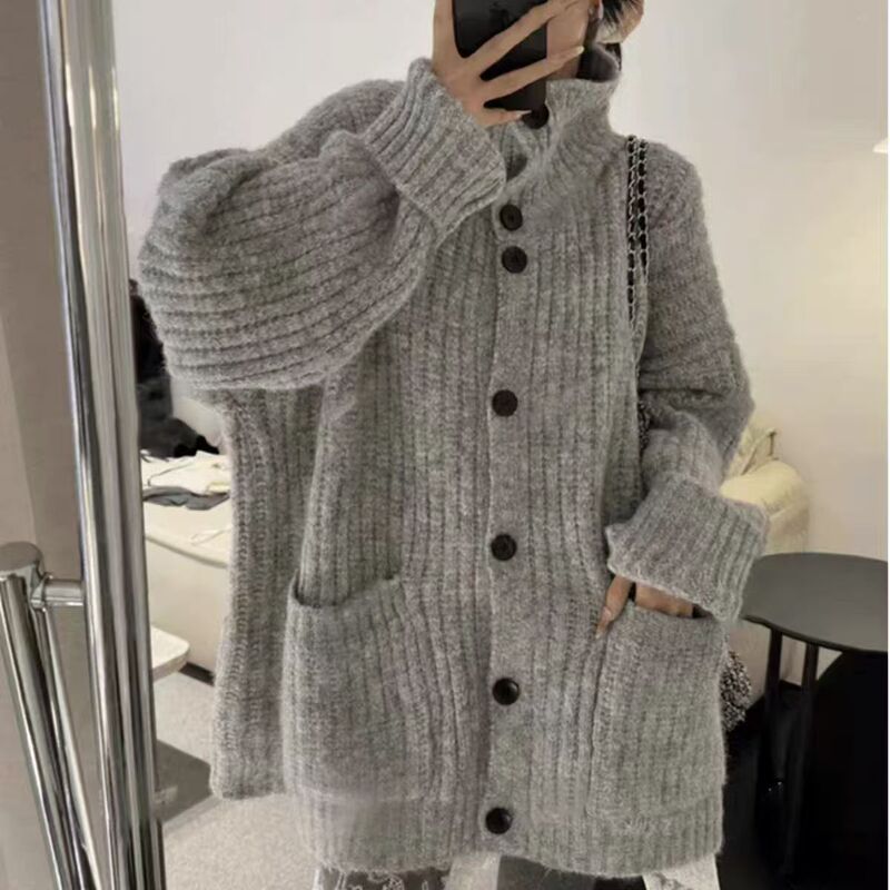 韩系穿搭慵懒风翻领毛衣秋冬女装高级感宽松软糯针织开衫上衣外套|undefined