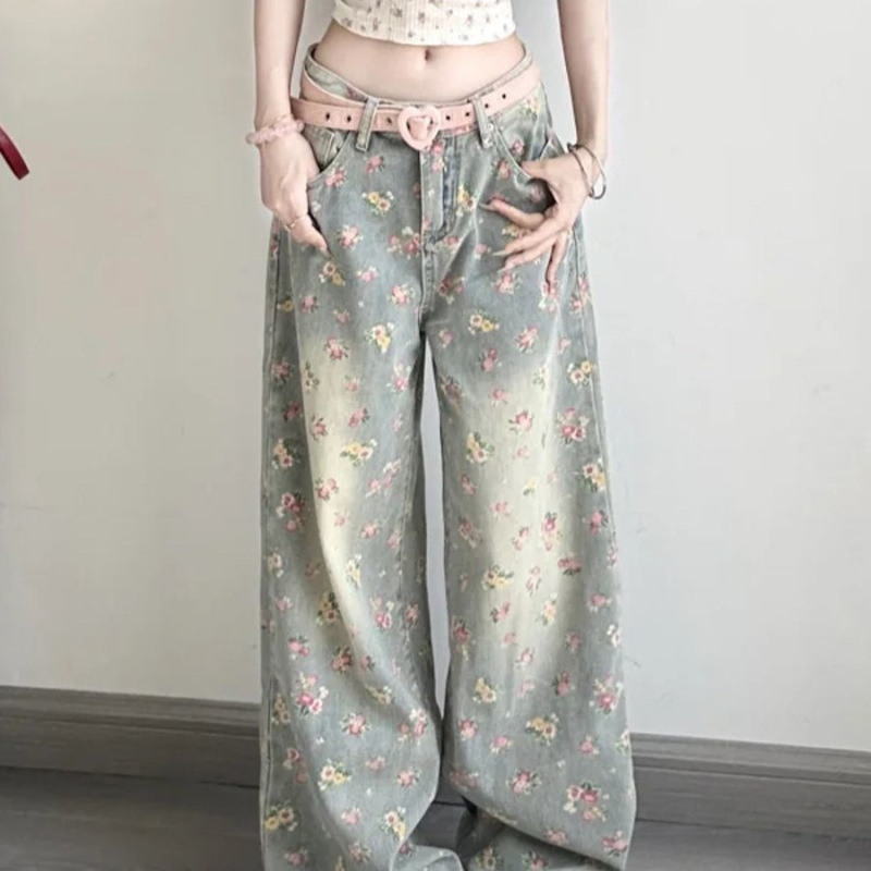 小个子美式复古碎花高腰阔腿牛仔裤女宽松显瘦直筒裤垂感拖地长裤|undefined