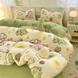 小清新加厚牛奶绒四件套冬季珊瑚法兰双面加绒被套床单床笠三件套