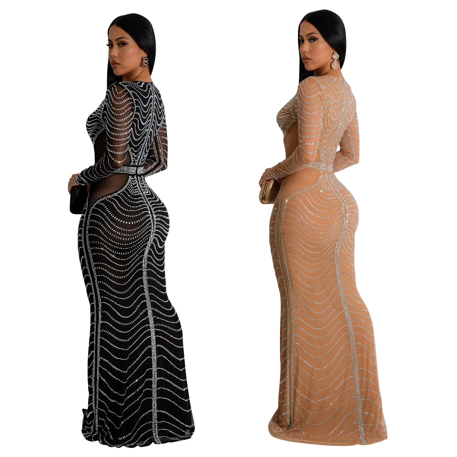 C6832 transfronterizo AliExpress Amazon moda europea y americana de las mujeres de color sólido vestido de malla rhinestone vestido