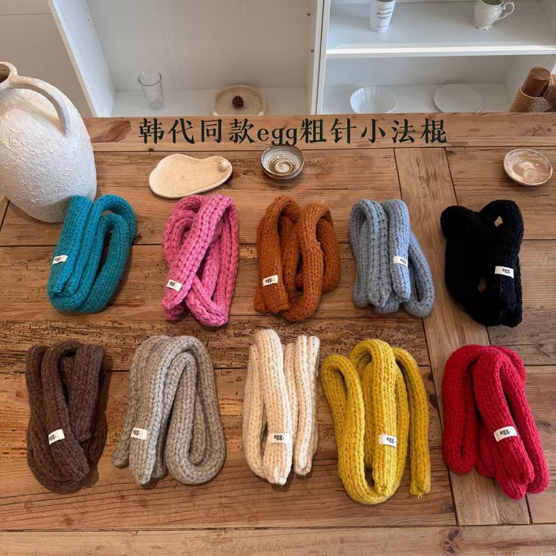 Korean Style Egg Pure Color Soft Waxy Thin Narrow Long Knitted Wool Scarf for Women Autumn and Winter Sausage Baguette Pure Color Small Scarf