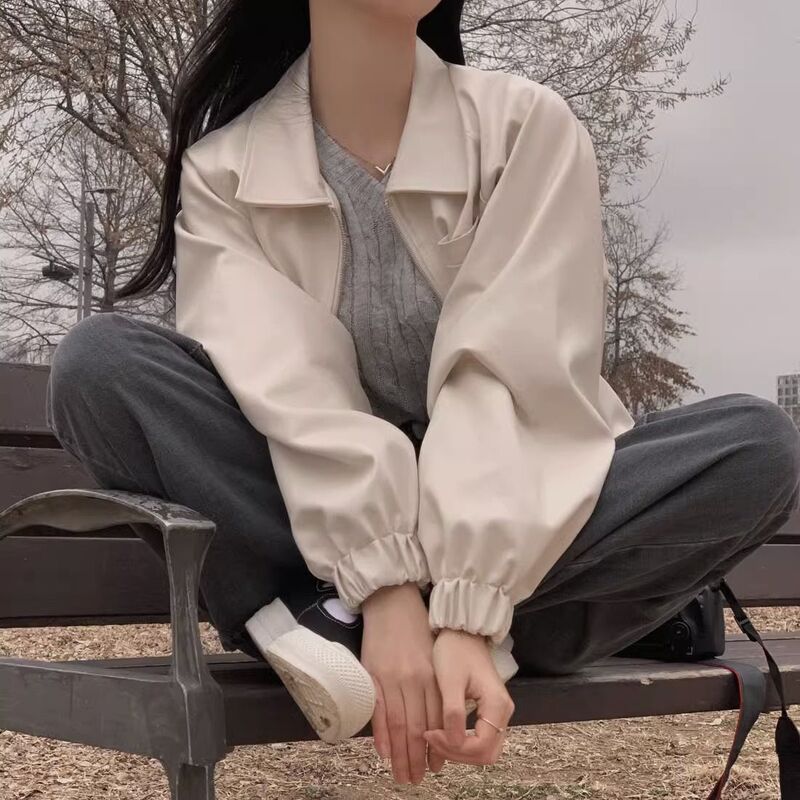 短款皮衣外套女春秋2025新款韩版宽松小众休闲百搭翻领长袖上衣女|undefined
