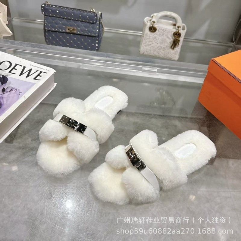 欧站外贸2025新款高端高颜值金属扣毛毛拖鞋女皮毛一体外穿一字拖|undefined