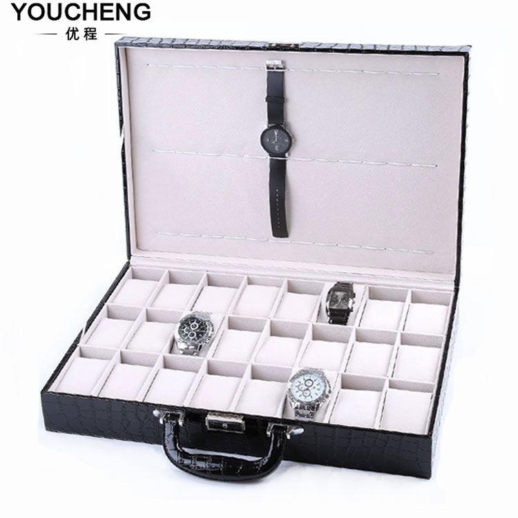 现货批发24位手表盒木质手表展示盒36位手提箱黑色pu手表收纳盒