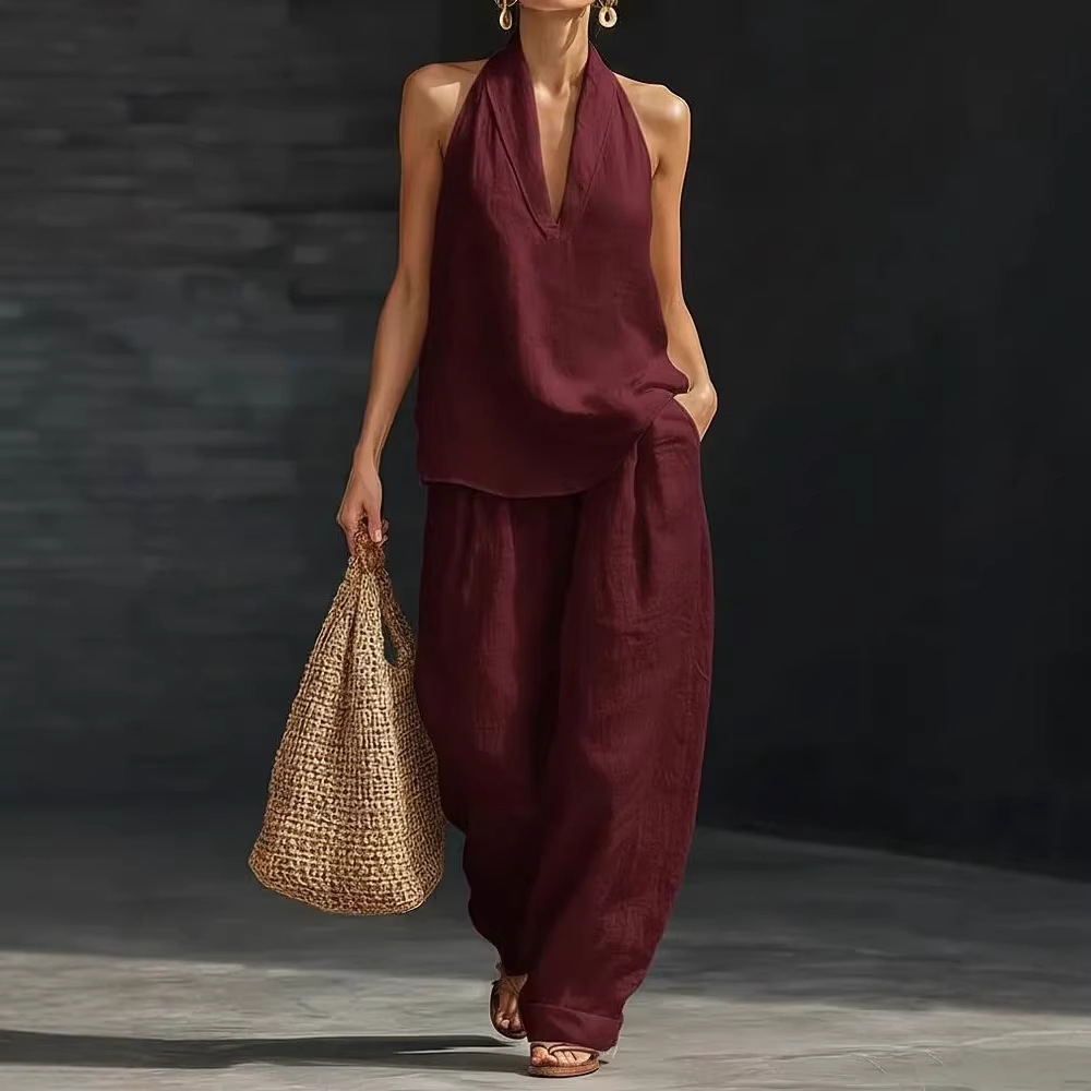 Women's Linen Two-Piece Set Vest And Camisole Office Casual Summer Outfit Breathable Comfort_ecoleips.com