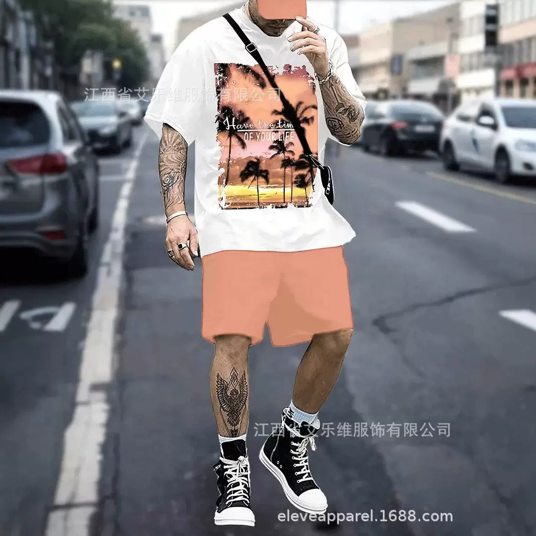 跨境欧美T恤短裤沙滩度假印花夏季街头宽松休闲套装潮流款短袖