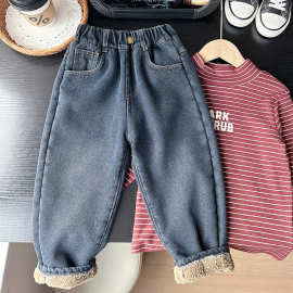 2025冬款童装男童儿童加绒加厚保暖牛仔棉裤冬天裤子批发代发