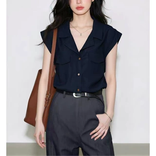 法式藏蓝色翻领短袖衬衫夏季2026今年流行爆款女装高级感通勤上衣
