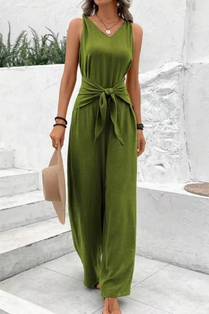 Damen Jumpsuit Mit V-ausschnitt Knoten-detail Und Weitem Bein_voghion.com