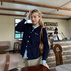 川川也美式原创秋季新款假两件针织圆领毛衣女街头复古慵懒风上衣