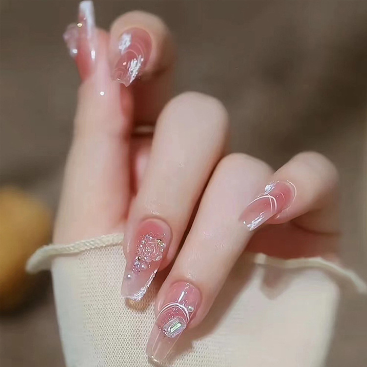 Three-dimensional relief Camellia wear armor Pearl Aurora short ballet fake nails finished wholesale blush nail patch