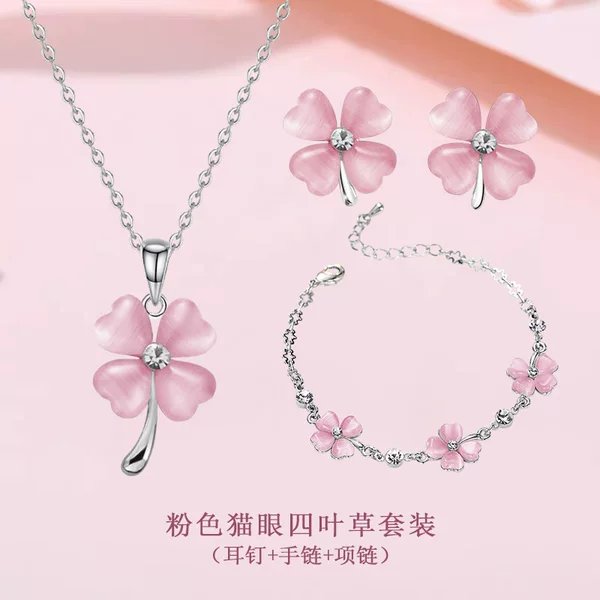 Korean New Cat's Eye Stone Four-leaf Clover Earrings Bracelet Necklace Set Fashion Mori Student Girlfriend Birthday Gift