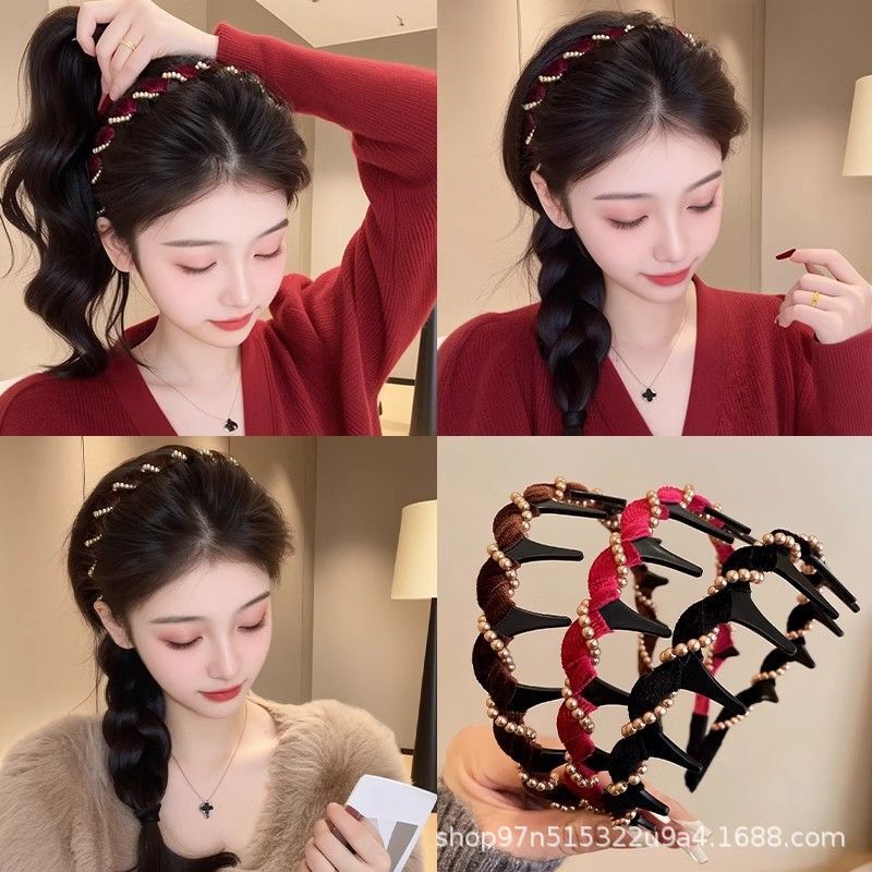 复古丝绒波浪珍珠发箍女秋冬洗脸防滑发捆时尚洋气高颅顶头箍发饰|undefined