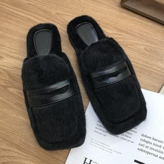 加絨半拖鞋2024年新款懶人包頭毛毛拖鞋女秋冬外穿