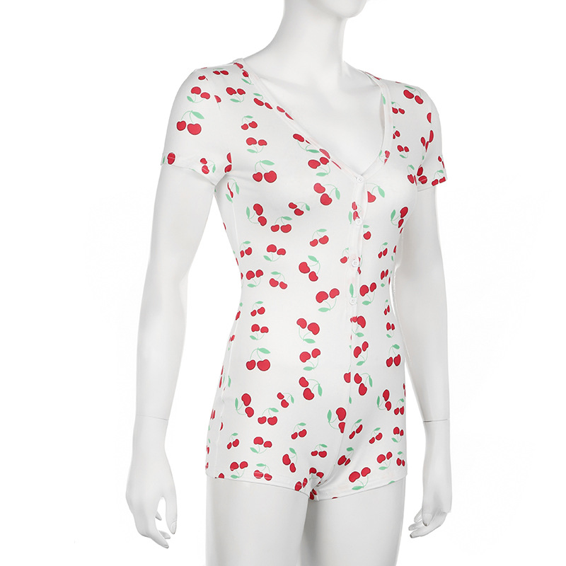 Mono sexy de manga corta con escote en V profundo y cuello halter, cómodo y ajustado para estar en casa.