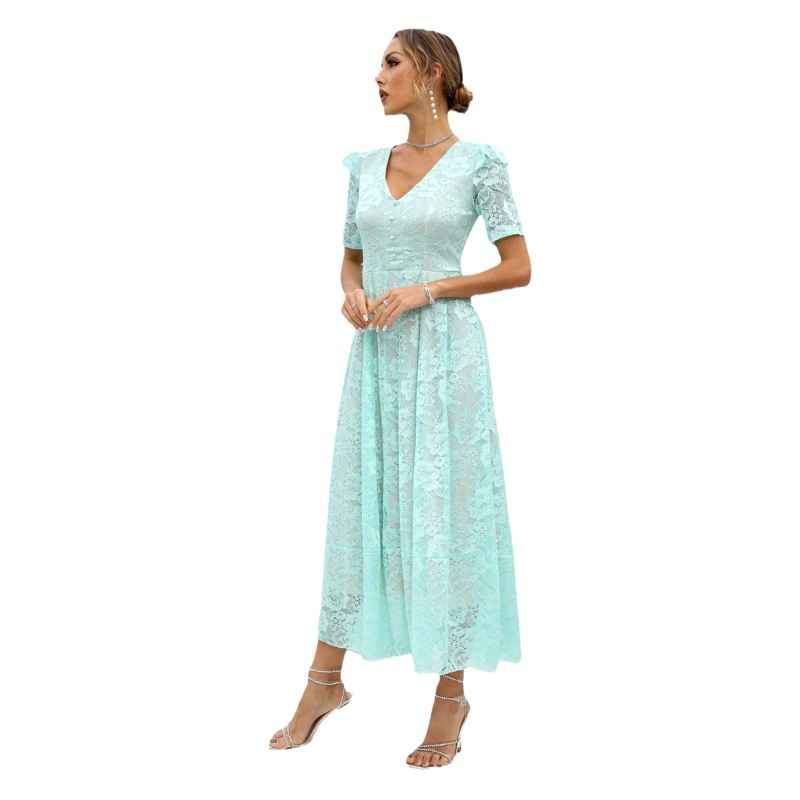 QQH comercio exterior nuevo vestido primavera encaje falda media temperamento viaje cintura alta verde cuello en V vestido