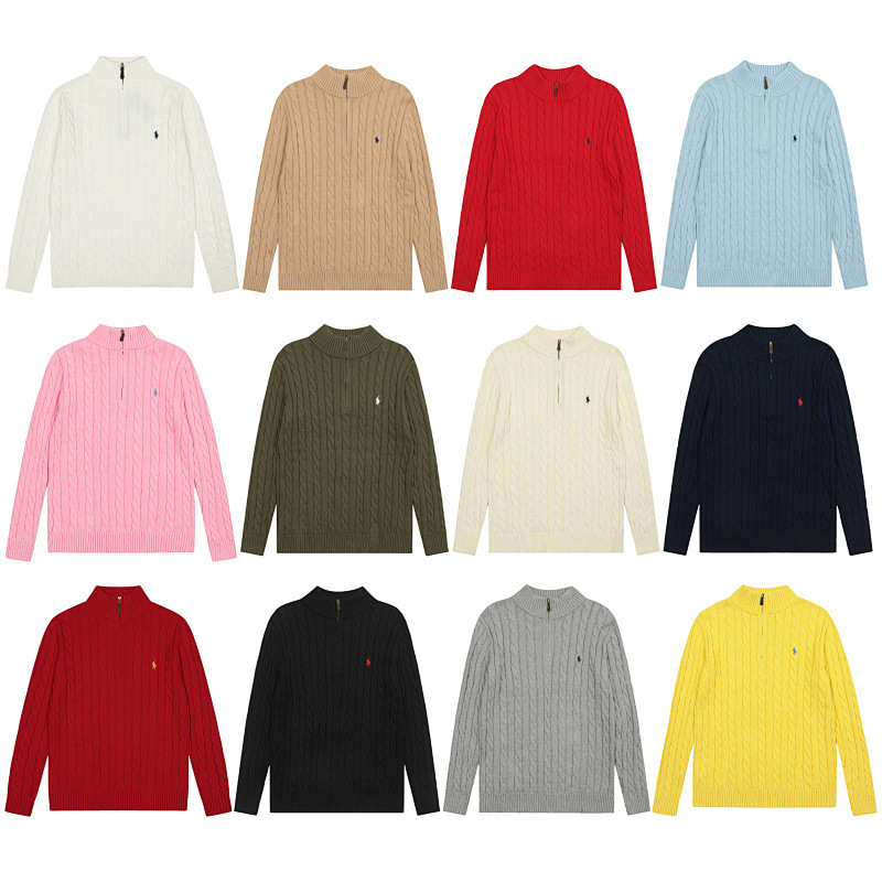25 New Autumn and Winter Rl Ralph Lauren Logo Retro Half-Zip Cable Knit Sweater Loose Lazy Style Knitted Top