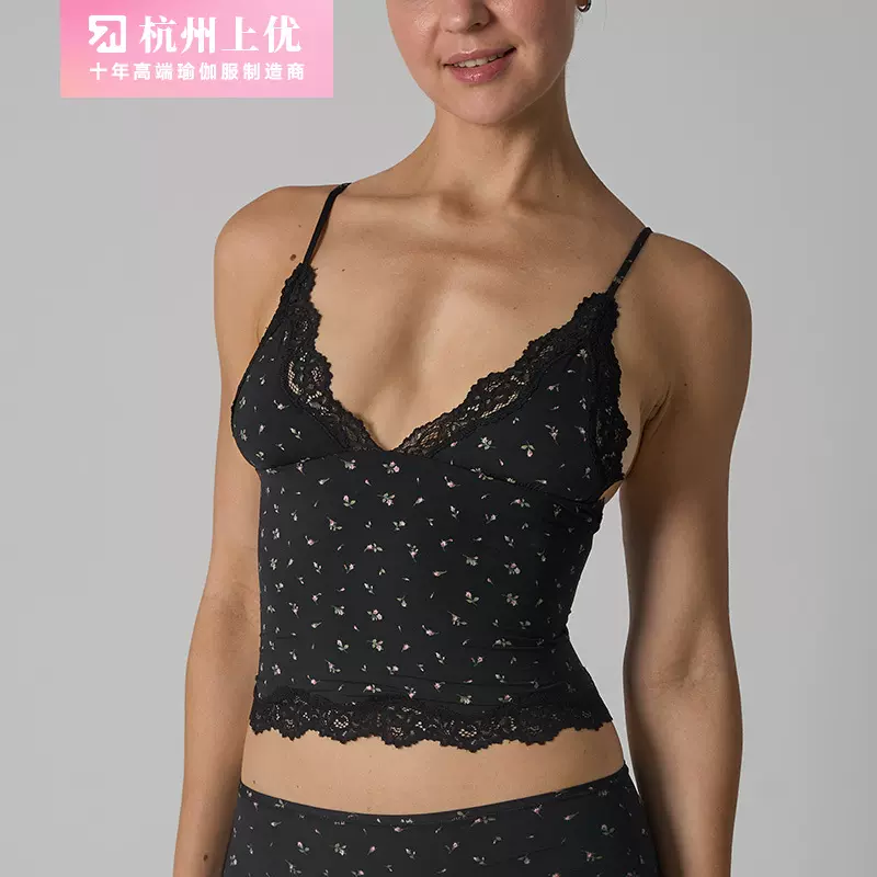 BLACK PRINT TRIANGLE CAMI 黑色蕾丝花边碎花V领性感吊带背心