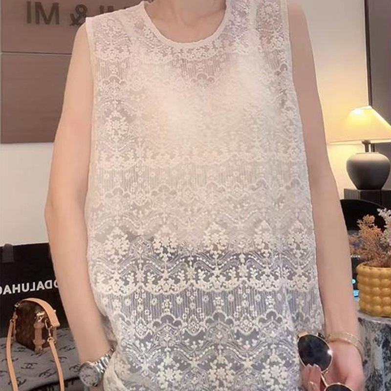 Korean Style Fashionable Versatile Retro Crochet Hollow Sleeveless Lace Vest Women's Stylish Vest Temperament Outer Top Trendy