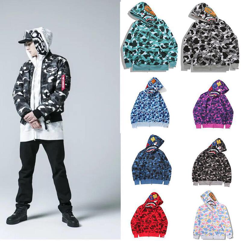 Japanese Fashion Brand Ape bape Shark Head 3D Digital Print Men's Sports Hooded Sweatshirt Jacket
