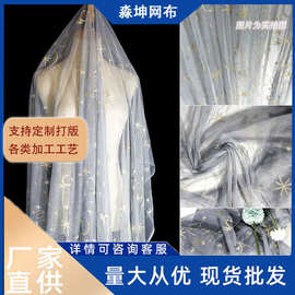 网纱网眼布刺绣绣花金线星星月亮烫烟花膜女装衣裙设计师面料布料