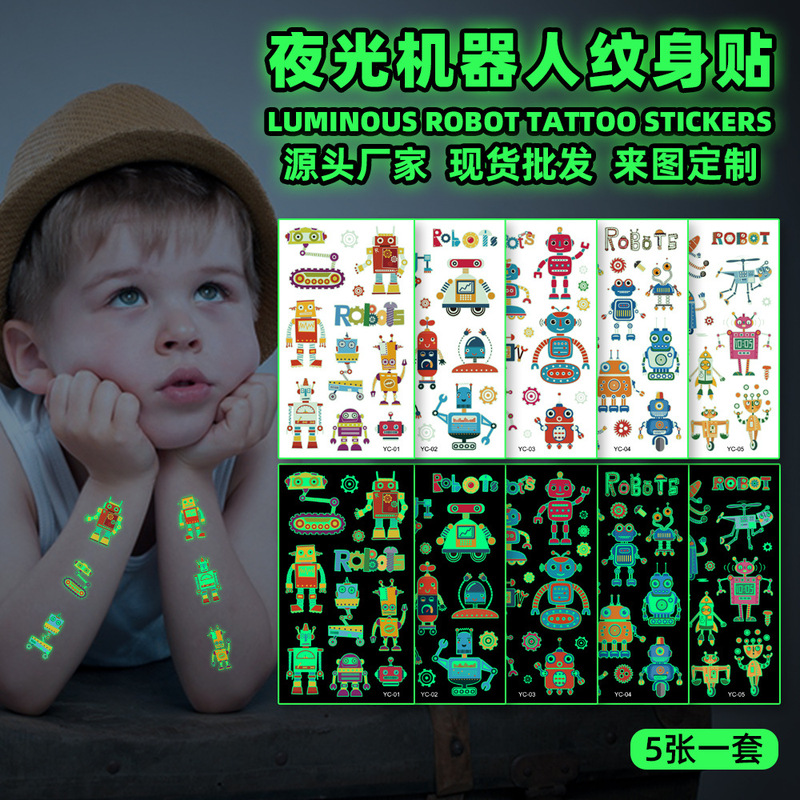 Cross-Border New Children's Cartoon Luminous Robot Tattoo Stickers Waterproof Cute Party Party Temporary Stickers Cross-Border New Children's Cartoon Luminous Robot Tattoo Stickers Waterproof Cute Party Party Temporary Stickers