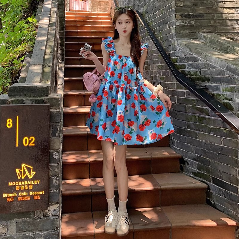 Beach Vacation Sweet Floral Suspender Dress Summer Loose Slimming Age-Reducing Fungus Beach Skirt Summer Dress