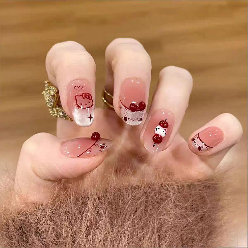 Short Oval Press-On Nails with Cat-Eye French Manicure, Bowknot Kt Cat Cute Nail Art, Finished Removable Nail Pieces That Enhance Complexion Short Oval Press-On Nails with Cat-Eye French Manicure, Bowknot Kt Cat Cute Nail Art, Finished Removable Nail Pieces That Enhance Complexion