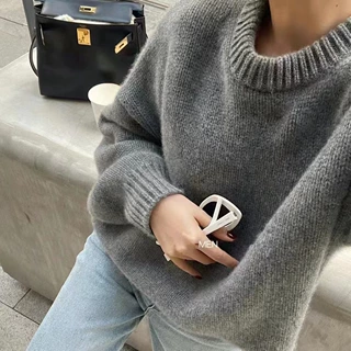 秋冬新款圆领羊毛衫女厚宽松毛衣欧货慵懒风韩版针织打底衫精仿