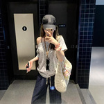 大码美式辣妹斜肩露肩短袖t恤女夏季2025新款印花百搭慵懒风上衣
