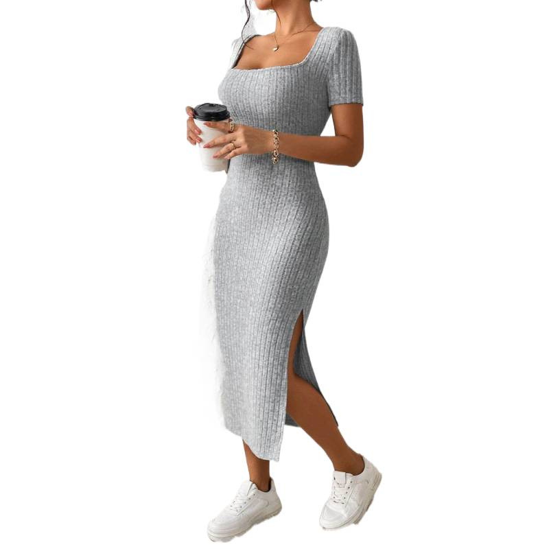 Women's Square Neck Slim Fit Bodycon Dress Sexy Slit European American Style Soft Summer Fashion Dress_ecoleips.com
