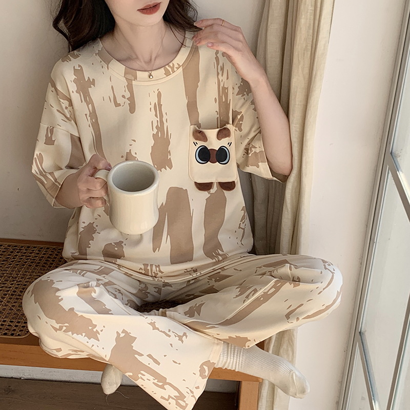 Pijamas de mujer de manga corta de algodón de imitación de verano al por mayor transfronterizo, trajes de pantalones lindos, ropa de hogar de celebridades de Internet con cuello redondo en vivo