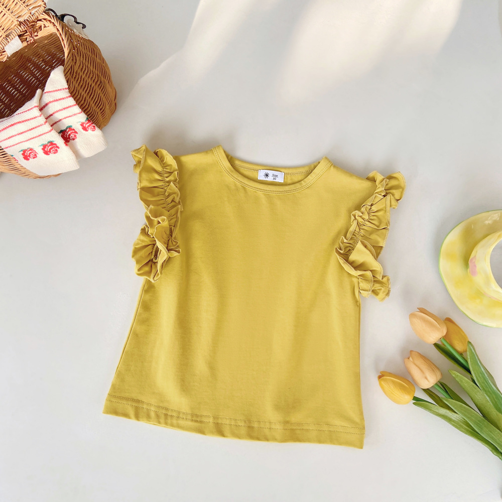 韓国の女の子の上着の半袖の綿の夏服の韓国版の子供服の子供のシャツの流行の袖口のレースのtシャツの赤ちゃんの王女t