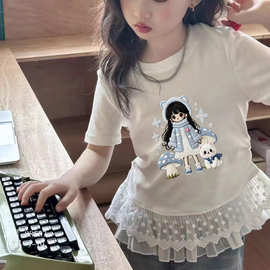 纯棉款童装女童短袖夏季新款短袖儿童蕾丝花边T恤半袖上衣仿绣花