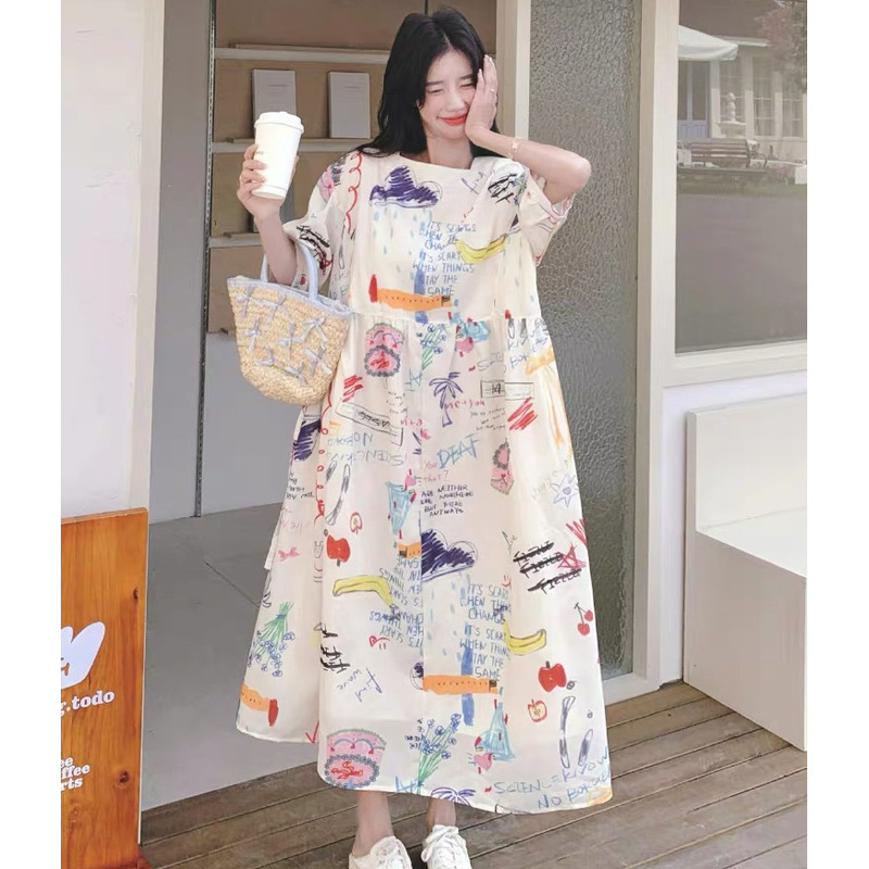 超好看夏日俏皮减龄涂鸦风连衣裙女2025新款松弛感韩系小众A字裙|undefined