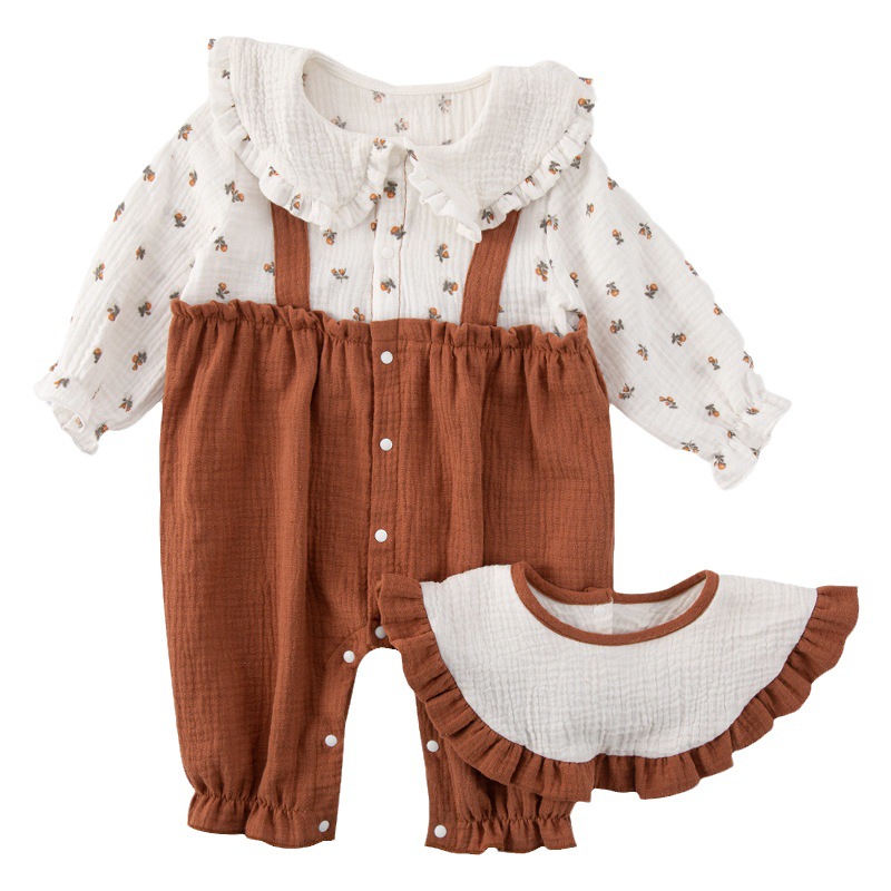 Mono de bebé de gasa de algodón Primavera y otoño ropa de casa de manga larga ropa de bebé niña ropa de salida falsa de 2 piezas para niños