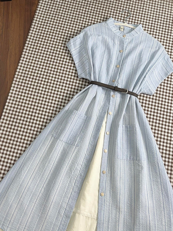 法式学院风蓝色条纹衬衫连衣裙子女夏季2025新小个子气质长裙|undefined