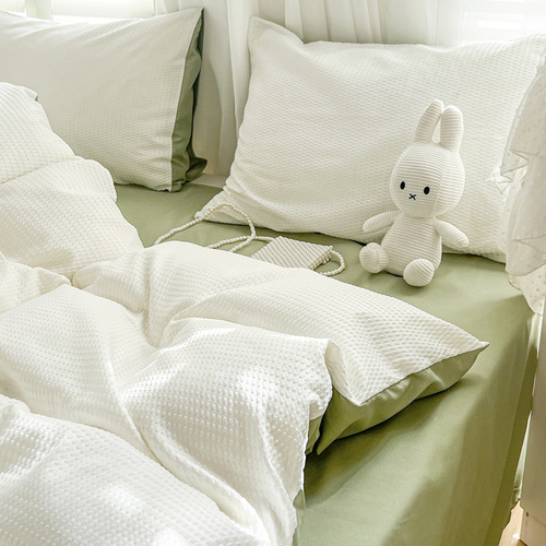 Solid color 100% washed cotton four-piece set soft naked sleeping sheets quilt cover pillow student dormitory bedding three-piece set