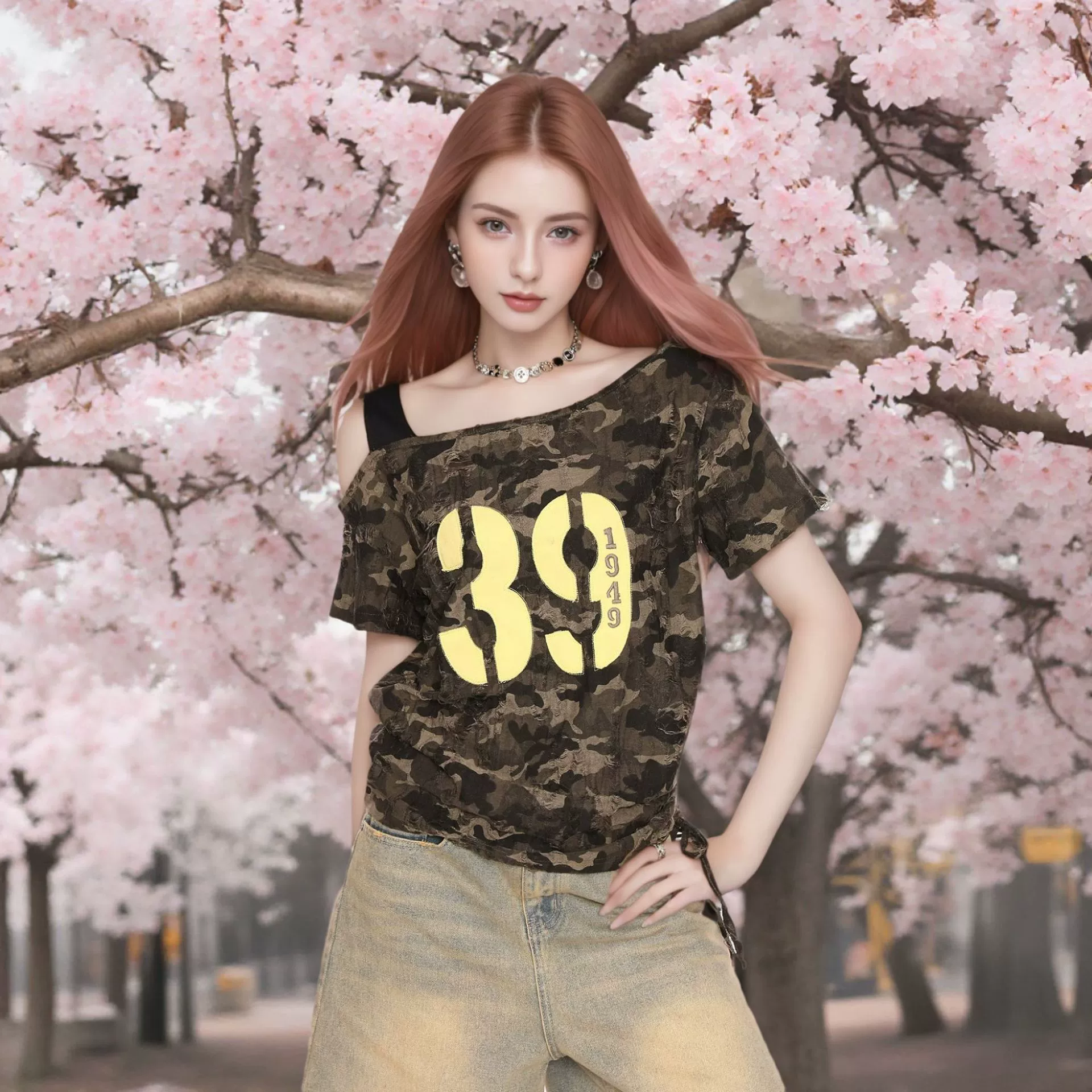 Кросс-бордерная футболка 2025 года в стиле "новый пустынный", сексуальный камуфляж, короткий рукав, с завязками, дизайн с открытым плечом