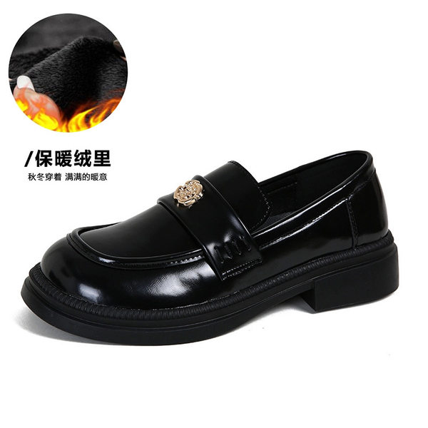 Giày lười nữ đế dày khóa đồng tiền nhỏ, gót thô 3–5 cm — Màu Đen/lót nhung, Màu đen/lót một lớp