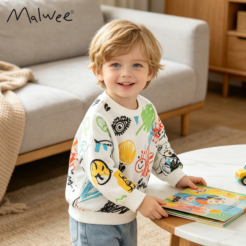 malwee boys sweater autumn new European and American children's casual round neck shirt handsome printed children's top
