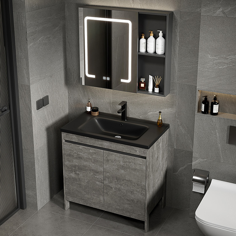 Gabinete de baño de aluminio espacial combinación de cerámica negra lavabo de baño tipo piso lavabo lavabo balcón lavabo