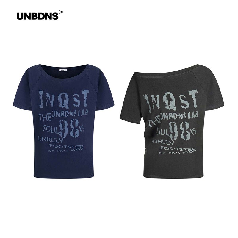 UNBDNS Sweet Cool Spice Y2K Slant Shoulder Short-Sleeved T-Shirt Women's Summer Waste Earth Style Punk Slim-Fit Slimming Short Top Trendy