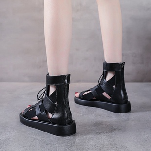 Women's Top-Layer Cowhide 2024 Hollow Genuine Leather Thick-Bottom Zip Roman Sandals