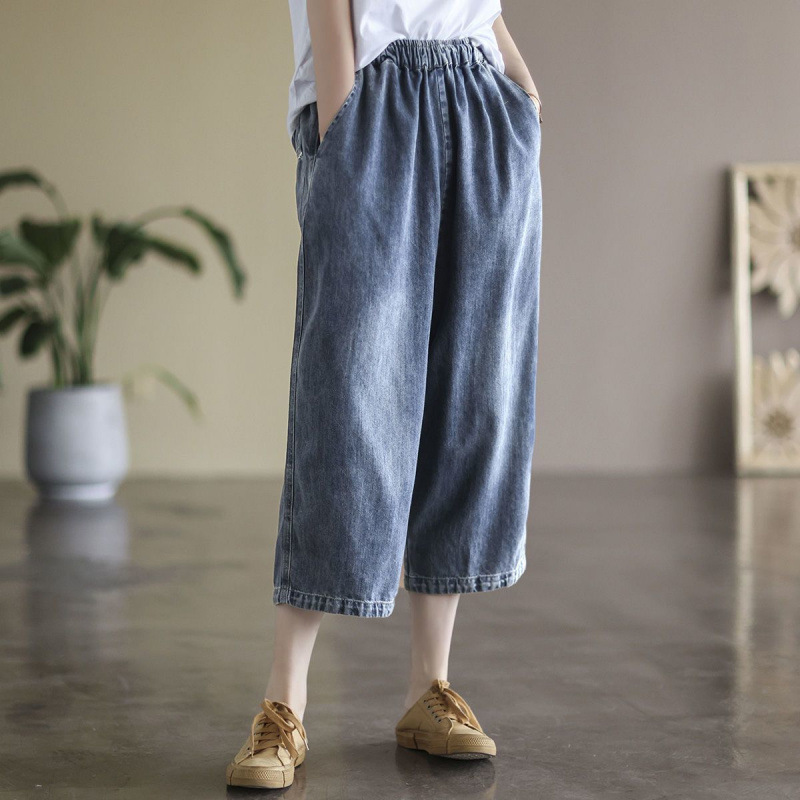 여성을위한 얇은 데님 7부 와이드 팬츠 2025 여름 새로운 느슨한 하이 웨이스트 슬리밍 탄성 허리 청바지