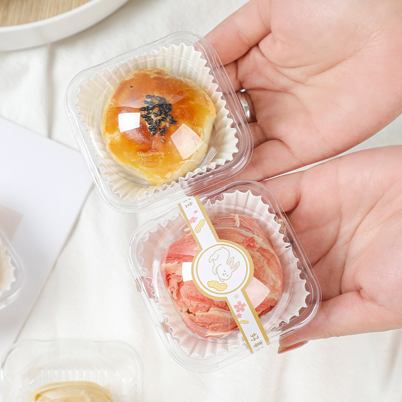 Nueva caja de embalaje crujiente de yema de huevo engrosada redonda transparente con cubierta de nieve Mei Niang caja de blister medio otoño pastel de Luna soporte inferior al por mayor
