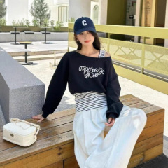 2025秋新款时尚百搭一字领长袖T恤女宽松显瘦打底衫假两件上衣女