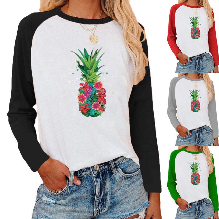 跨境 亚马逊 wish eBay 独立站 菠萝图案印花插肩撞色长袖T恤女
