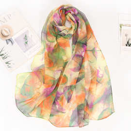 外贸乔其纱围巾夏天丝巾缤纷树叶印花丝巾薄款防晒沙滩巾舞蹈丝巾