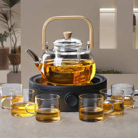 跨境专供烧水泡茶煮茶壶耐热玻璃茶壶茶水分离过滤花茶竹木提梁壶